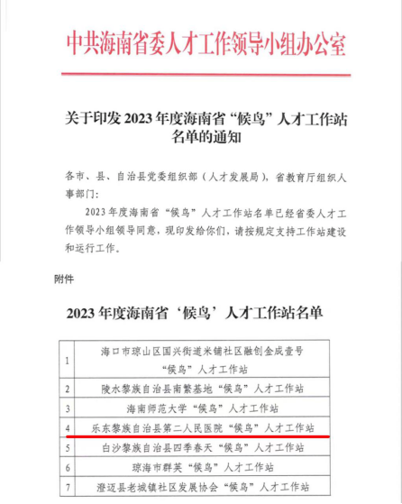 零突破！乐东县首家省级“候鸟”人才工作站落户乐东第二人民医院